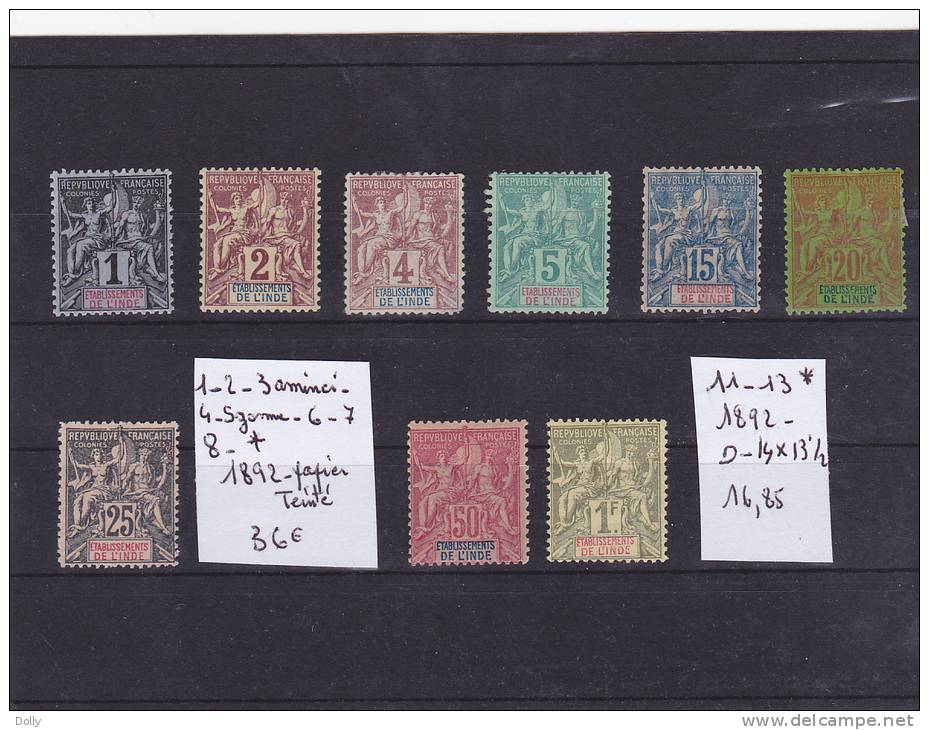 TIMBRE DE FRANCE NEUF *  COLONIE N R 1*-2*-3 *aminci -4 Sans Gomme- 6*-7*-8*   COTE 52.85€ - Otros & Sin Clasificación