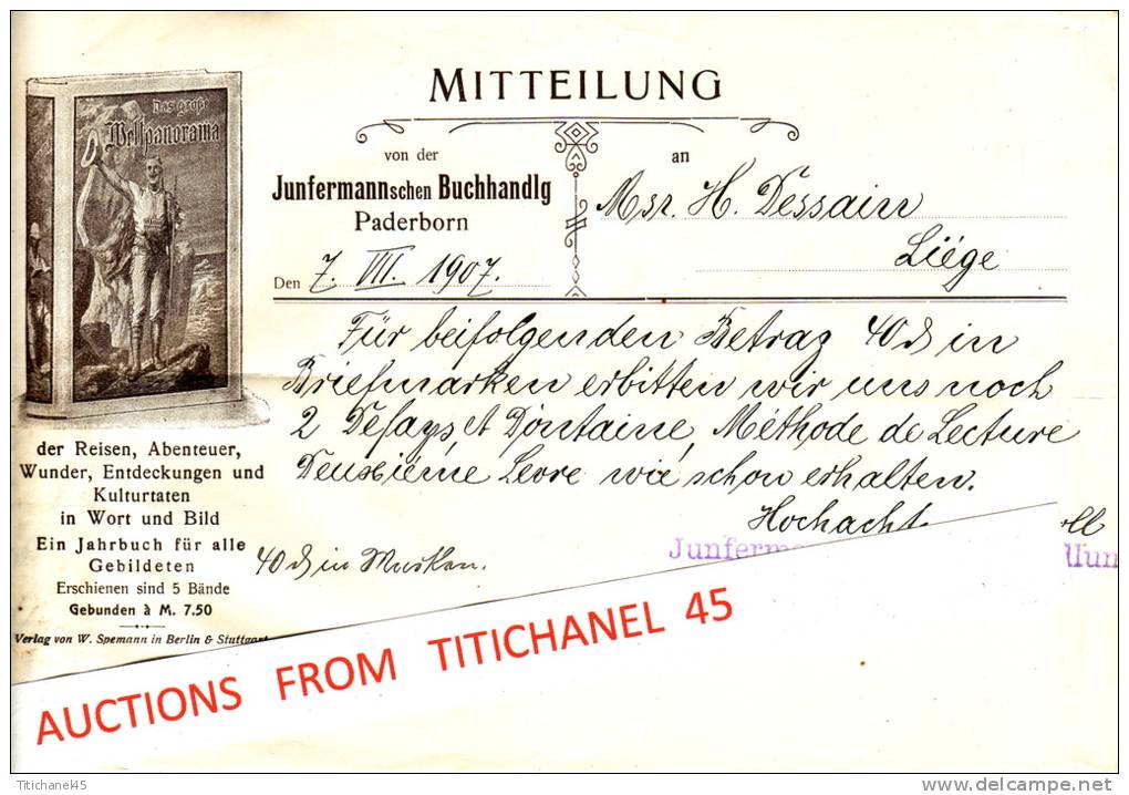 Brief 1907 - PADERBORN - JUNFERMANN´SCHE BUCHHANDLUNG - Drukkerij & Papieren