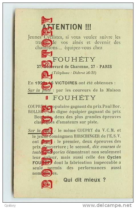 COUPRY CYCLISTE Sur Cycle FOUHETY - CYCLISME - Publicité Velo Fouhety 27 Boulevard De Charonne Paris - Dos Scanné - Cyclisme