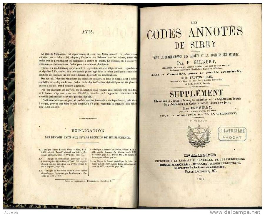 LES CODES ANNOTES DE SIREY  -  1874 - Droit