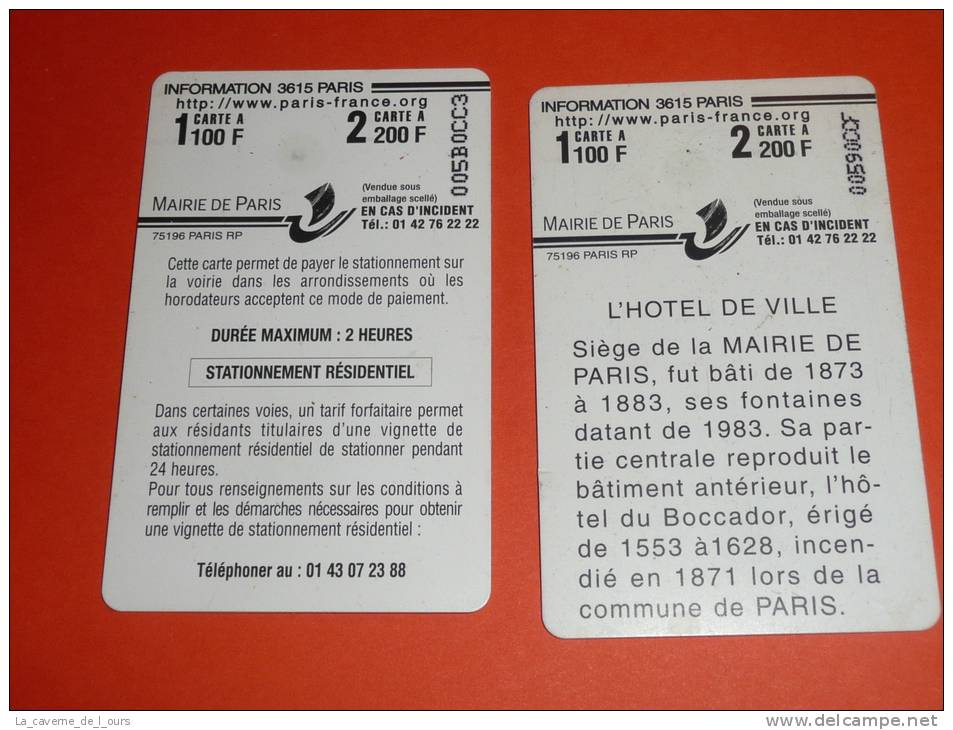 Lot 3 Télécartes Télécarte PARIS Carte Mairie De Paris, Stationnement N°1 2 Et 5 - Altri & Non Classificati