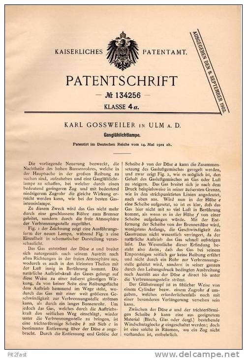 Original Patentschrift - K. Gossweiler In Ulm , 1901 , Gasglühlichtlampe , Lampe , Gas !!! - Leuchten & Kronleuchter