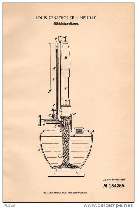 Original Patentschrift - Louis Denayrouze In Neuilly Sur Seine , 1901 , Lampe à Incandescence Vapeur , Gaz !!! - Lámparas Y Arañas