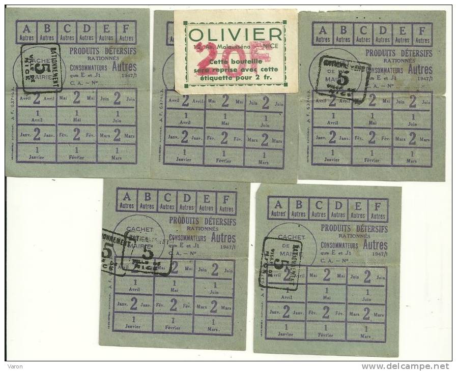 5 TICKETS DE RATIONNEMENT N° 5 - VILLE DE NICE - PRODUITS DETERSIFS - VIGNETTE MAGASIN OLIVIER à NICE  1947 - Documents Historiques