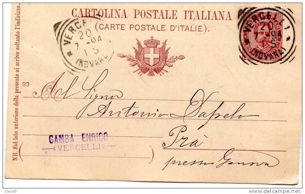 1894  CARTOLINA CON ANNULLO VERCELLI NOVARA - Stamped Stationery