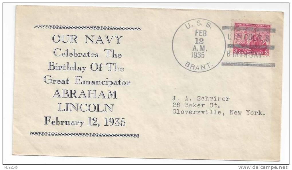 Naval Cover USS Brant AM-24 Lincoln´s Birthday Cover 1935 Sc# 736 - Covers & Documents