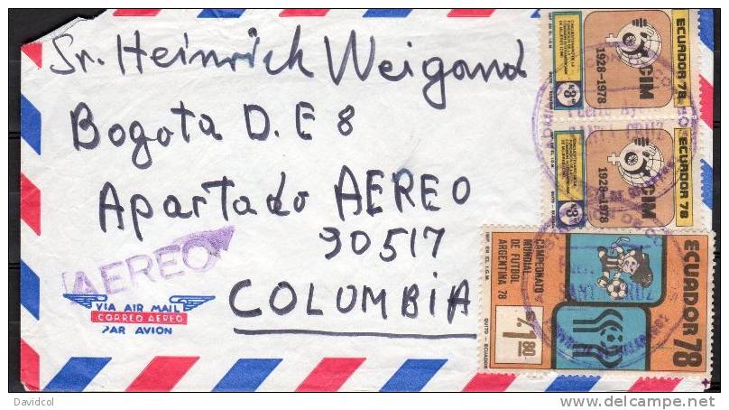 SA143.-. ECUADOR  .-. 1978 .-. WORLD CUP ARGENTINA`78  , CIRCULATED COVER TO COLOMBIA - 1978 – Argentine