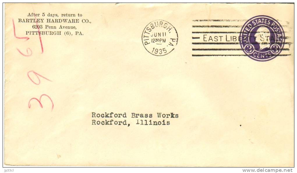 Entier Postal Stationary  3 Cents Violet Du 11 Jun 1935 De Pittsburgh Vers Rockford, Illinois - 1921-40