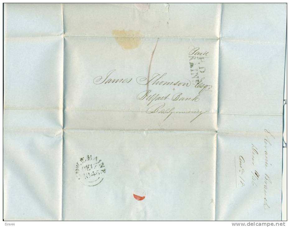 Ireland 1846 Stampless Cover Coleraine Postage Due Paid Ballymoney Belfast Bank - Prephilately