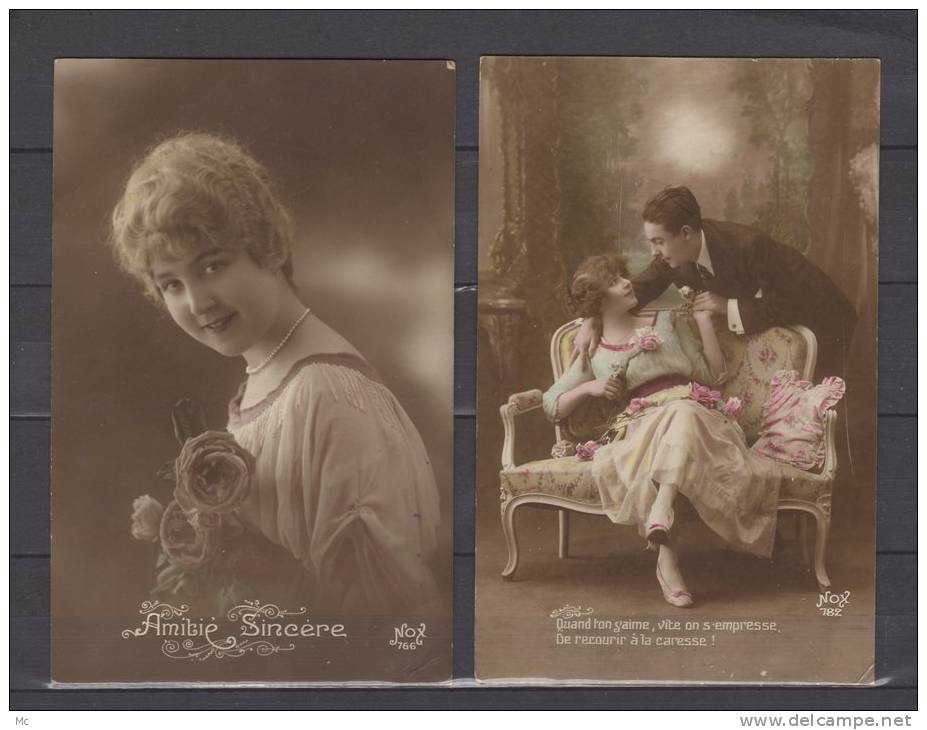 2 Cartes - Amitié Sincère (Femme, Bouquet) - "Quand On S'aime, Vite On S'empresse.." (Couple, Colorisée) - Editeur : Nox - Other & Unclassified