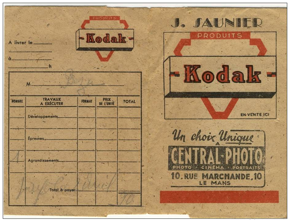 Pochette Négatifs LE MANS J. SAUNIER Kodak  Appareil Photo Pellicules Central Photo - Autres & Non Classés