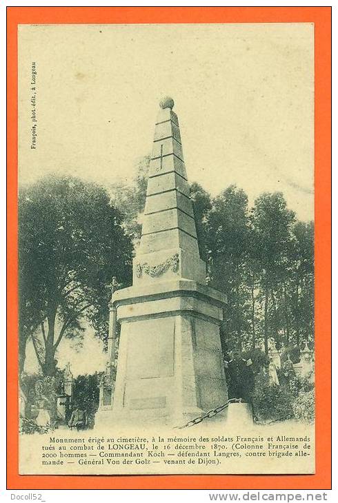 Dpt 52  Longeau   "  Monument Erige Au Cimetiere A La Memoire Des Soldats Drancais Et Allemands  " - Le Vallinot Longeau Percey