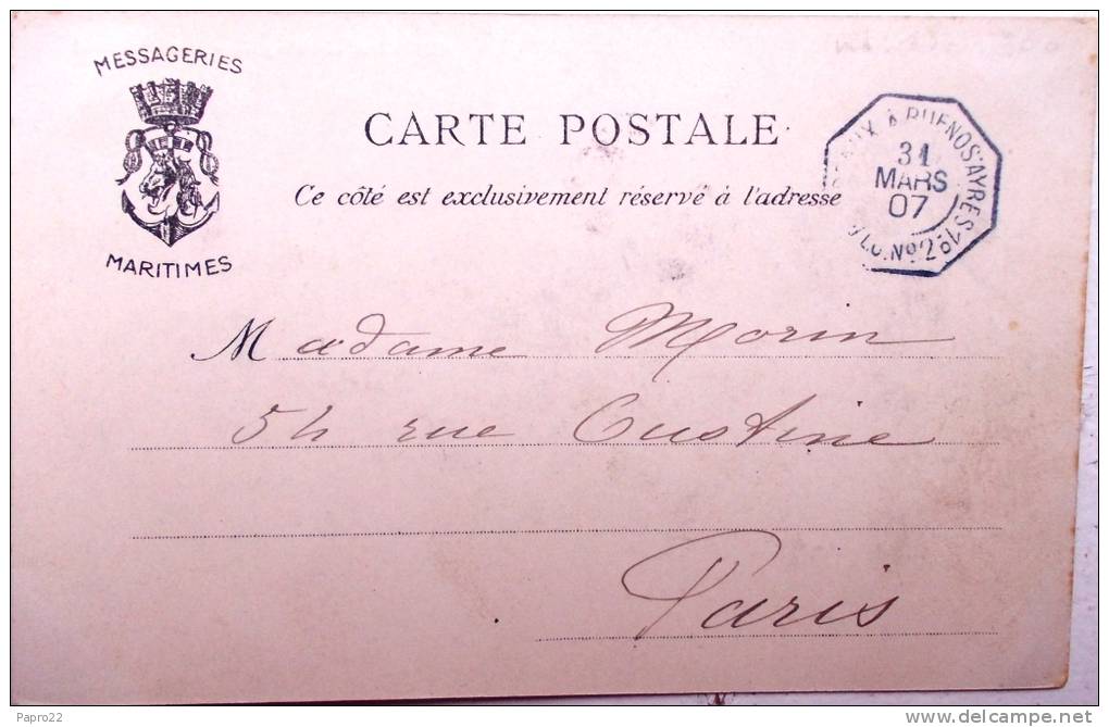 Carte Postale 1907 Portugal Cachet Bordeaux à Buenos Aires - Maritime Post