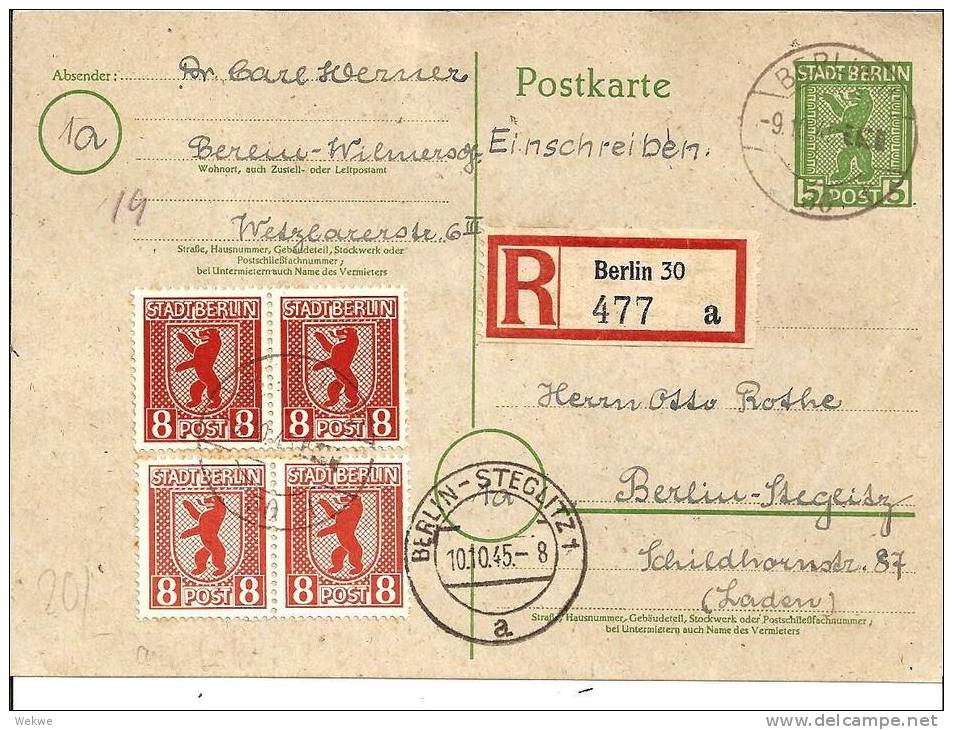 SBZ068 / Berliner Baeren-GA + Marken Per Ortseinschreiben Wilmersdorf-Steglitz (Berlin West) - Postal  Stationery