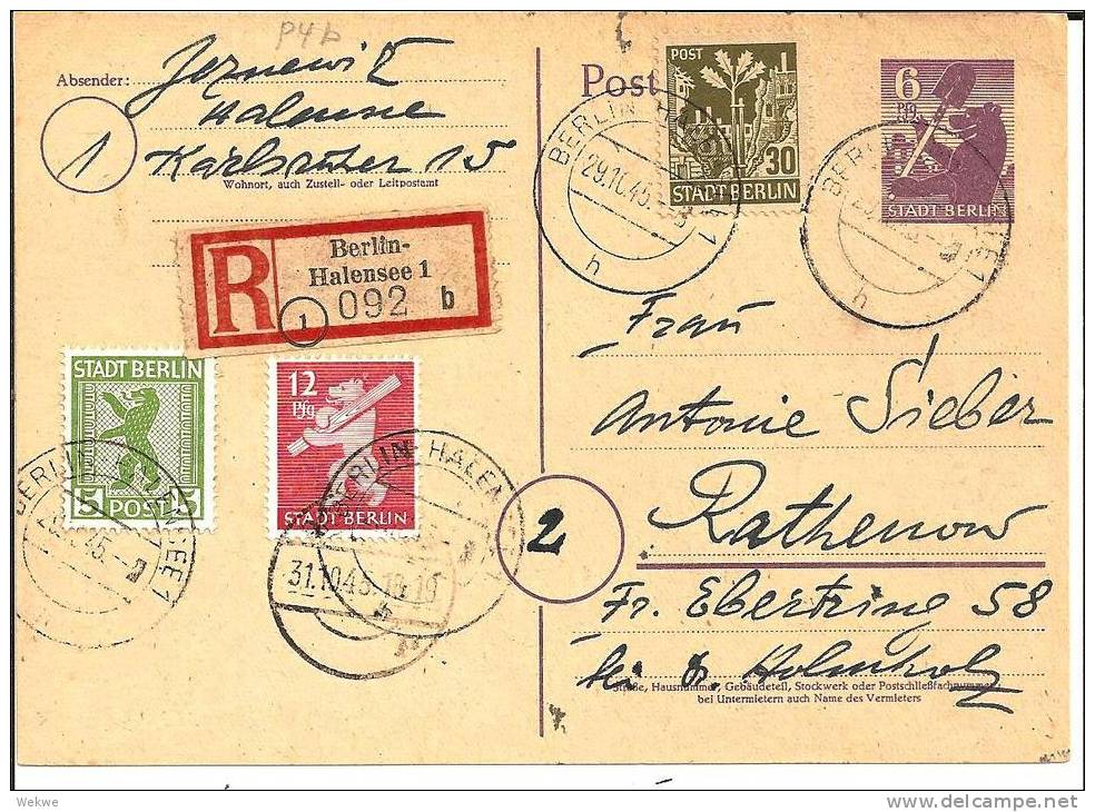 SBZ086 /  Ortseinschreiben Auf GA Mit Baeren-Zusatzfrankatur Halensee-Rathenau (Berlin West) 29.10.45 - Postal  Stationery