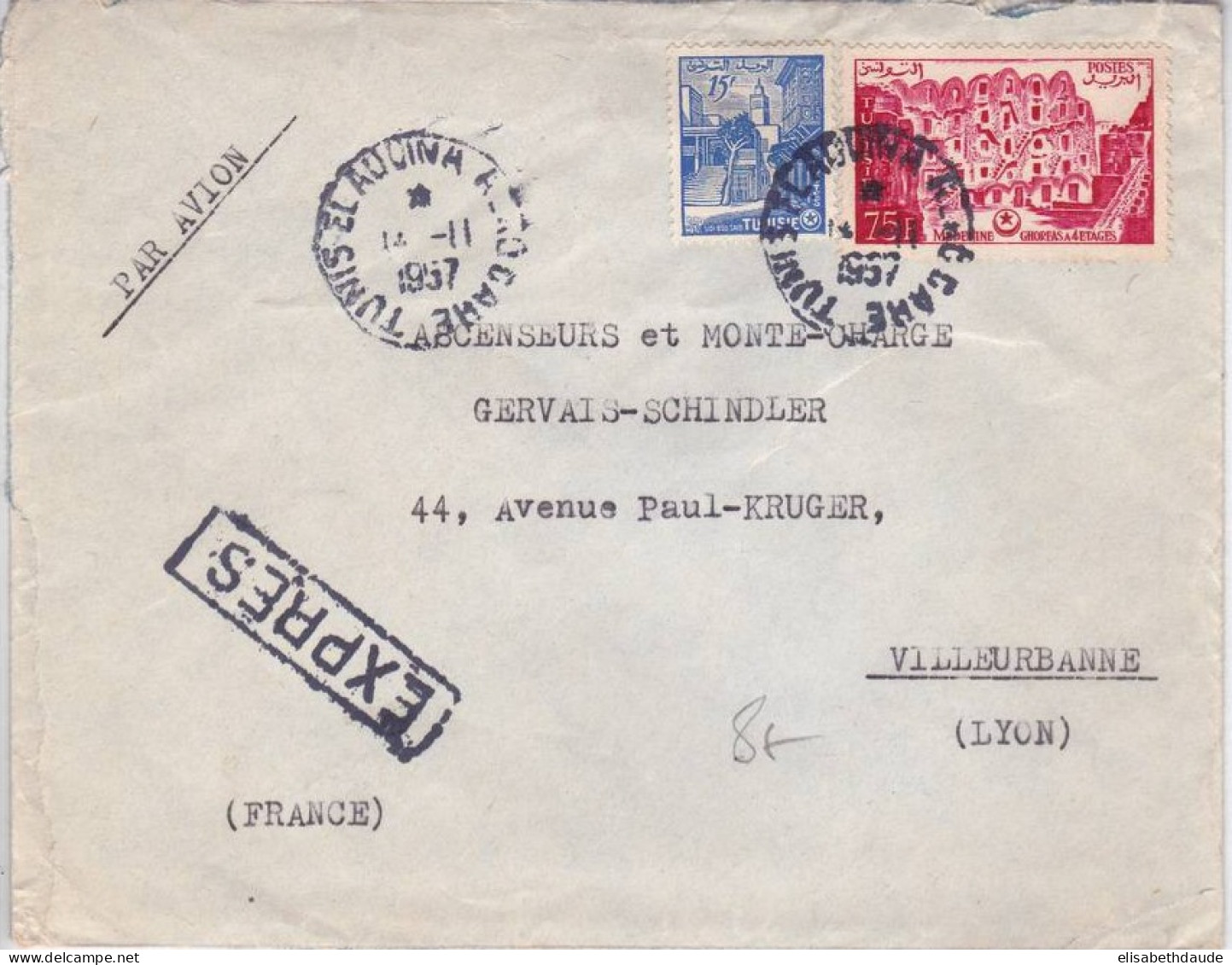 TUNISIE - 1957 -  ENVELOPPE EXPRES ! Par AVION De TUNIS EL AOUINA Pour La FRANCE - Briefe U. Dokumente
