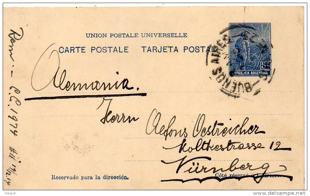 ARGENTINE ENTIER POSTAL POUR L'ALLEMAGNE 1914 - Postal Stationery