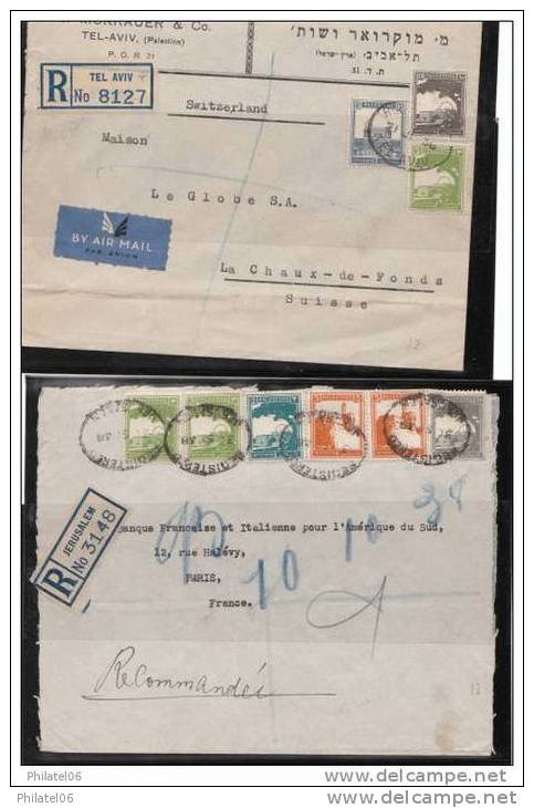 PALESTINE BRITANNIQUE 3 LETTRES RECOMMANDEES ET 2 CARTES AFFRANCHISSEMENTS COLORES - Levant Britannique