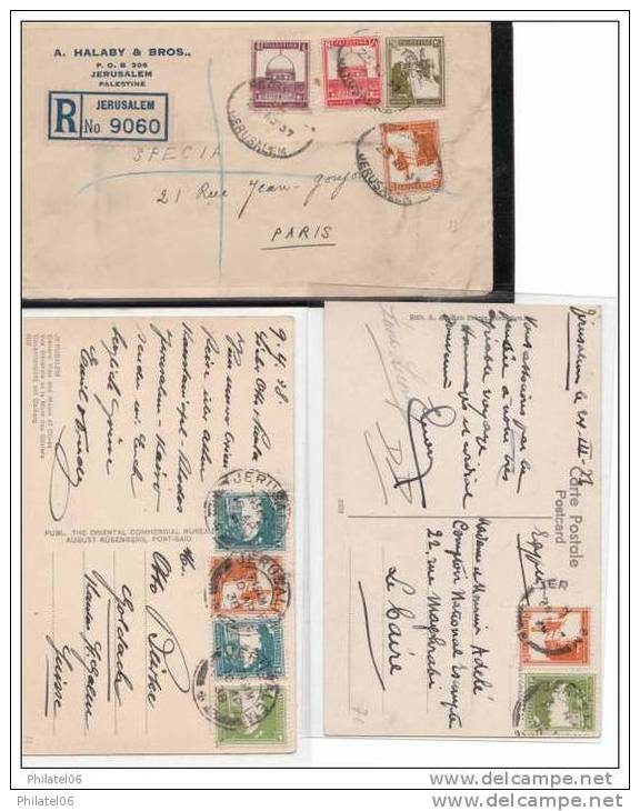 PALESTINE BRITANNIQUE 3 LETTRES RECOMMANDEES ET 2 CARTES AFFRANCHISSEMENTS COLORES - Levante Britannico