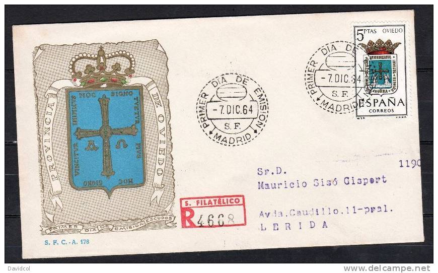 SA158.-. SPAIN / ESPAÑA .-. 1964.  ARMS COAT OF OVIEDO, REGISTERED FDC TO LERIDA, ARRIVAL CACHET ON BACK. - Omslagen