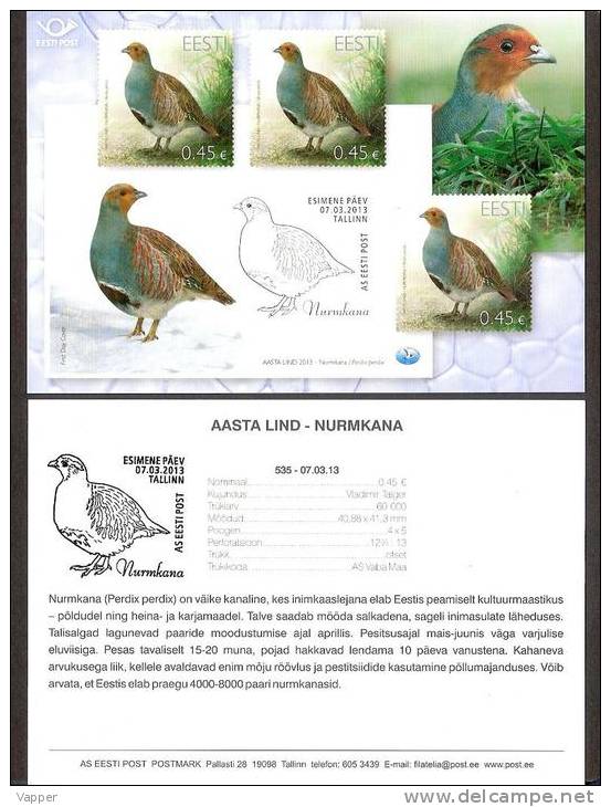 Bird Of The Year 2013 Estonia Stamp Partridge Presentation Card (est) MI 757 - Rebhühner & Wachteln