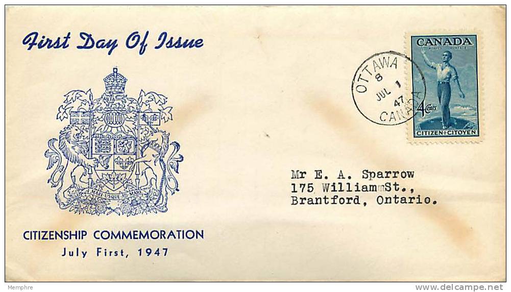 1947  Citizenship   Sc 275  On Unknown Cachet  Ottawa Date Stamp Cancel - ....-1951