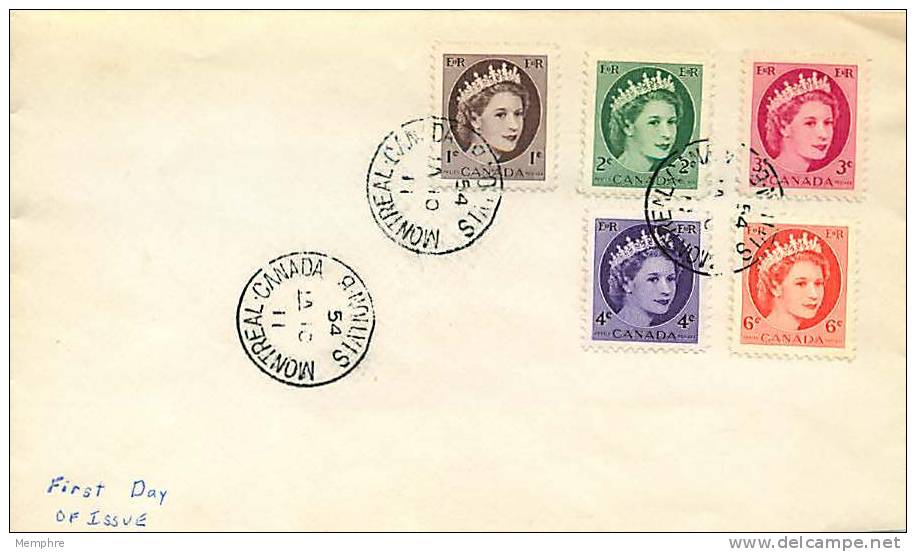 1954 Queen Elizabeth Wilding Portrait  Sc 337-41  Montreal QC Stan B Date Stamp Cancel - 1952-1960