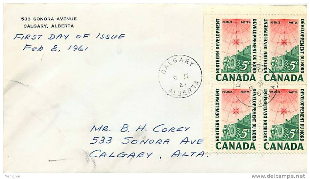 1961 Northern Development Sc 391   Block Of 4 Corey Corner Card   Calgary AB Date Stamp Cancel - 1961-1970
