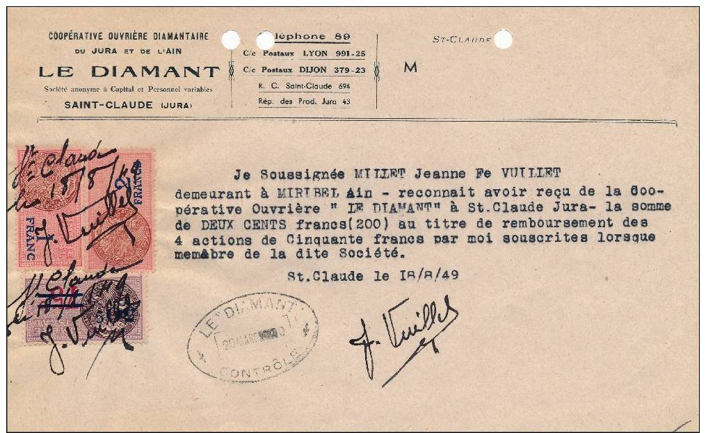 Timbre Fiscal De 2 Et 1 Francs Et De 50c Sur 75 C Barré;sur Document  De 1949" Le Diamant " Coop à Saint Claude - Autres & Non Classés