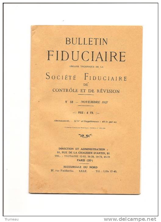 PARIS SOCIETE FIDUCIAIRE DE CONTROLE ET DE REVISION-BULLETIN FIDUCIAIRE NOVEMBRE 1927 - Buchhaltung/Verwaltung