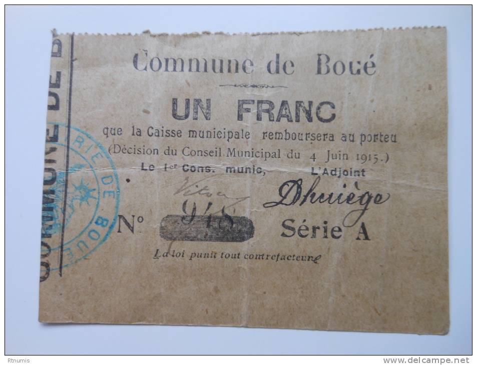 Aisne 02 Boué , 1ère Guerre Mondiale 1 Franc 4-6-1915 R - Bons & Nécessité