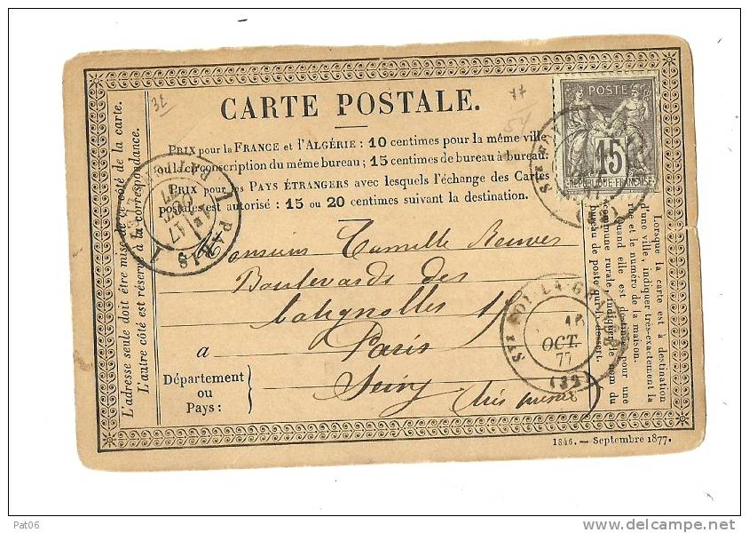 GIRONDE ( 32 ) &ndash; SAINTE FOY LA GRANDECPI Ordinaire - Tarif à 15c. (15.1.1873/30.4.1878)N°7 7 Type IIA  -  15c. SAG - Precursor Cards