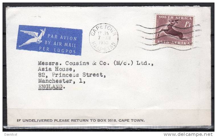 SA012.-. SOUTH AFRICA  1955 .-. CIRCULATED COVER CAPE TOWN TO  MANCHESTER - ENGLAND. - Storia Postale