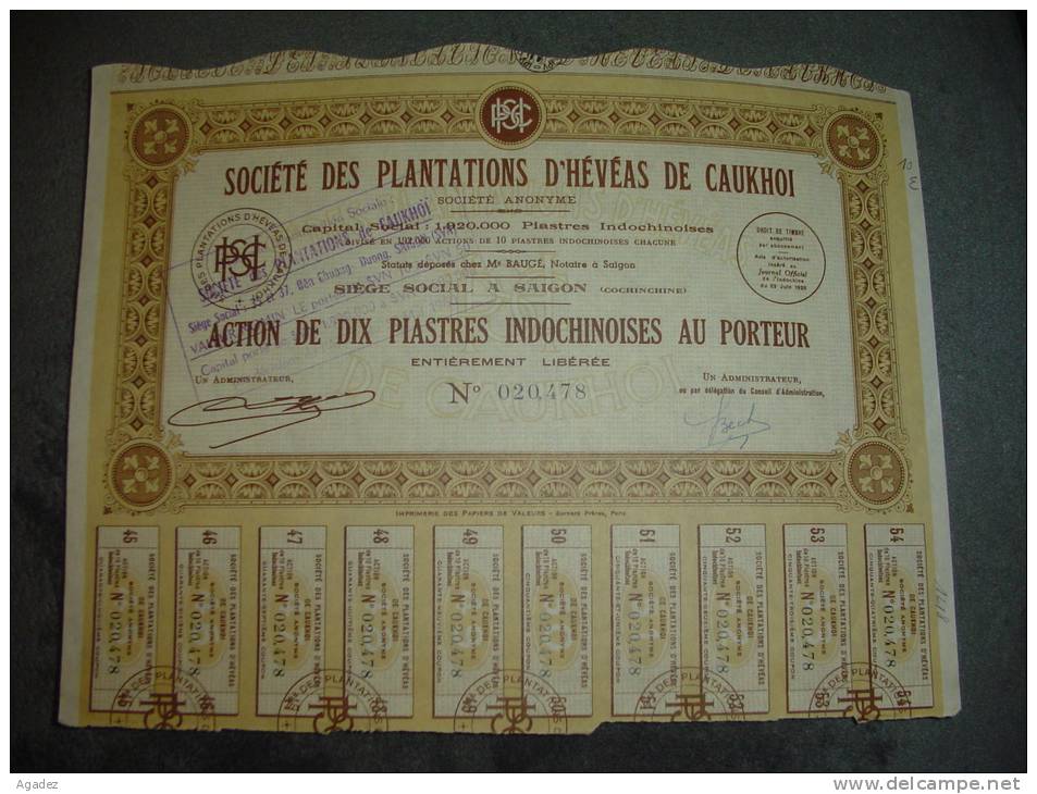 Action " Sté Des Plantations D'hévéas De Caukhoi " Indochine (Latex Caoutchouc) Saïgon 1926 Excellent état. - Agriculture