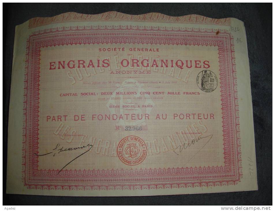 Part Fondateur"Engrais Organiques"Paris 1907 Avec Tous Les Coupons.Agriculture - Landbouw