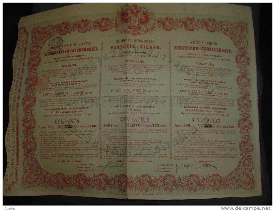 Obligation Bond "Chemins De Fer Varsovie-Vienne"Railway Towarzystwo Drogi Zelaznej Warszawasko Wiedenskiej  1857 - Ferrocarril & Tranvías