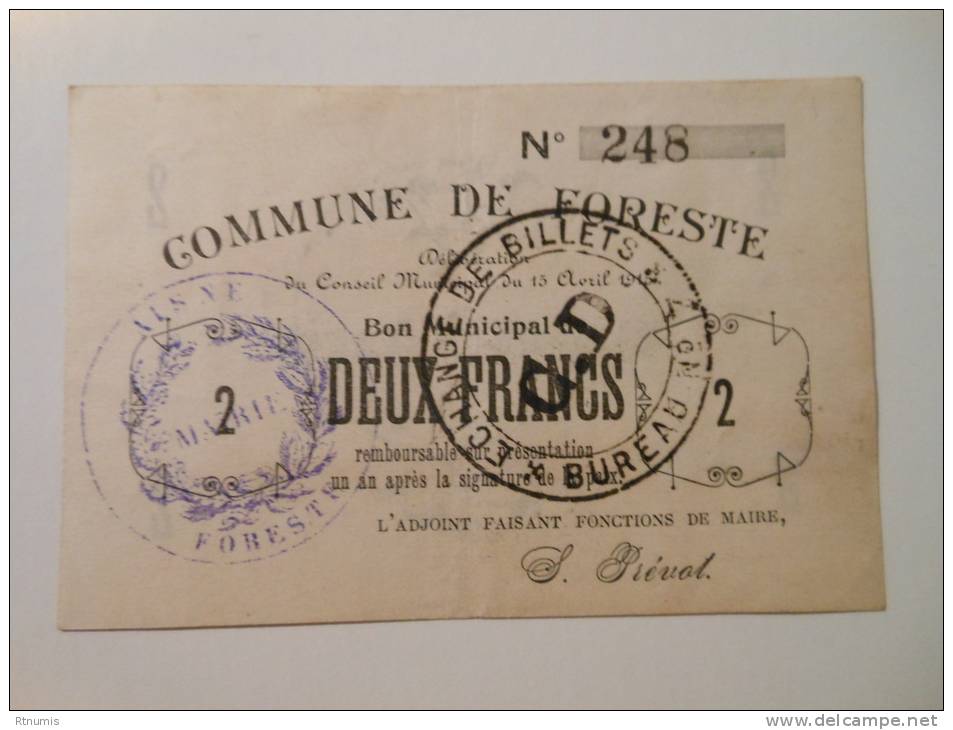 Aisne 02 Foreste , 1ère Guerre Mondiale 2 Francs 15-4-1915 - Bons & Nécessité