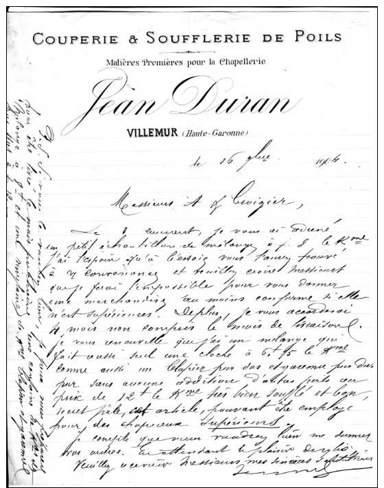 LETTRE De La Couperie Et Soufflerie De Poils, Matières Pour Chapellerie "Jean  DURAN" à  VILLEMUR (31) - Petits Métiers