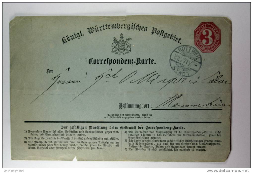 Germany: Württemberg, Correspondenz-Karte, Mi P2, Rotweil To Mannheim, 1871 - Enteros Postales