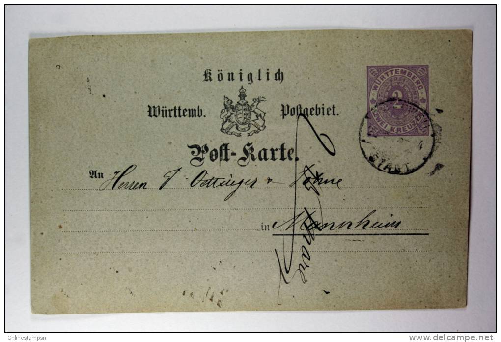 Germany: Württemberg, Postkarte, Mi P18 Rotweol  To Mannheim, 1874 - Postwaardestukken