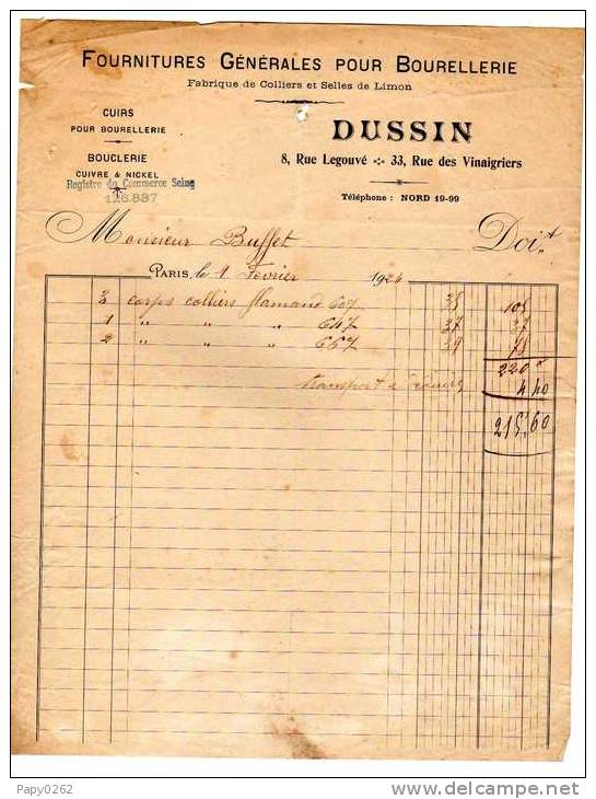 944B) D75 - PARIS Xe - DUSSIN -  CUIRS POUR BOURELLERIE EN 1924-3 DOCUMENTS - Agricultura
