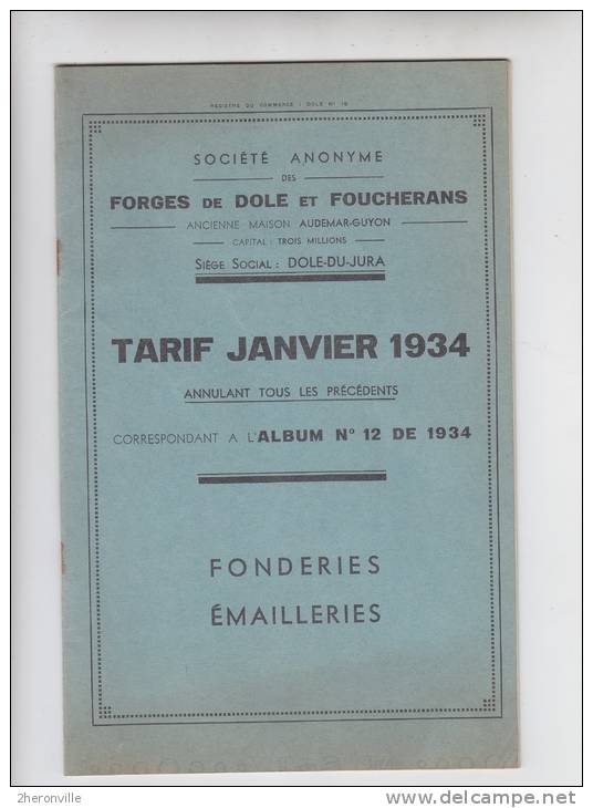 - Forges De DOLE Et FOUCHERANS - Tarif Janvier 1924 - Fonderies Emailleries - 1900 – 1949