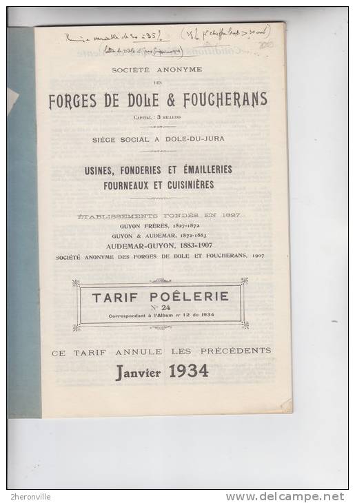 - Forges De DOLE Et FOUCHERANS - Tarif Janvier 1924 - Fonderies Emailleries - 1900 – 1949