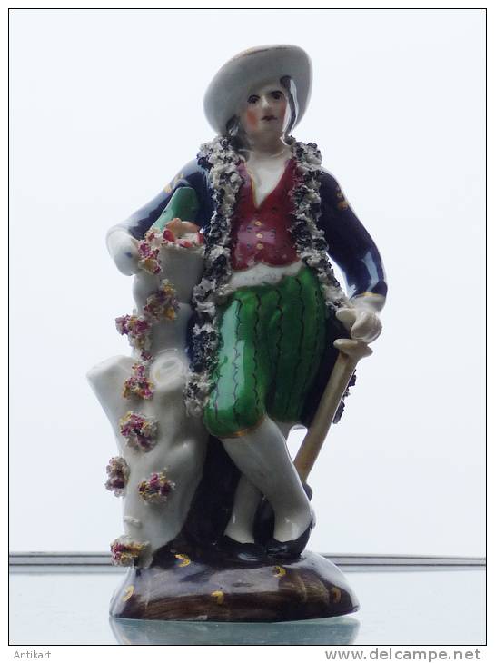 Gentilhomme Aux Fleurs, Porcelaine Polychrome XIXe Signée, Parfait état - Unclassified