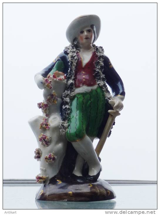 Gentilhomme Aux Fleurs, Porcelaine Polychrome XIXe Signée, Parfait état - Non Classés
