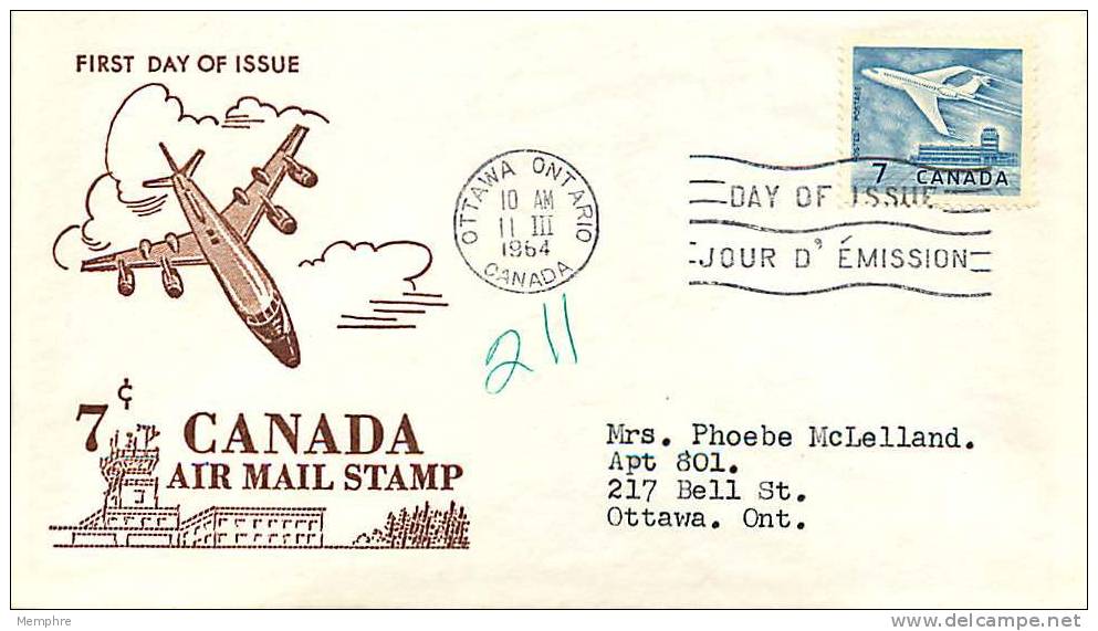 1964  7&cent; AirMail Stamp  Sc 414  Ginn-Designed - 1961-1970