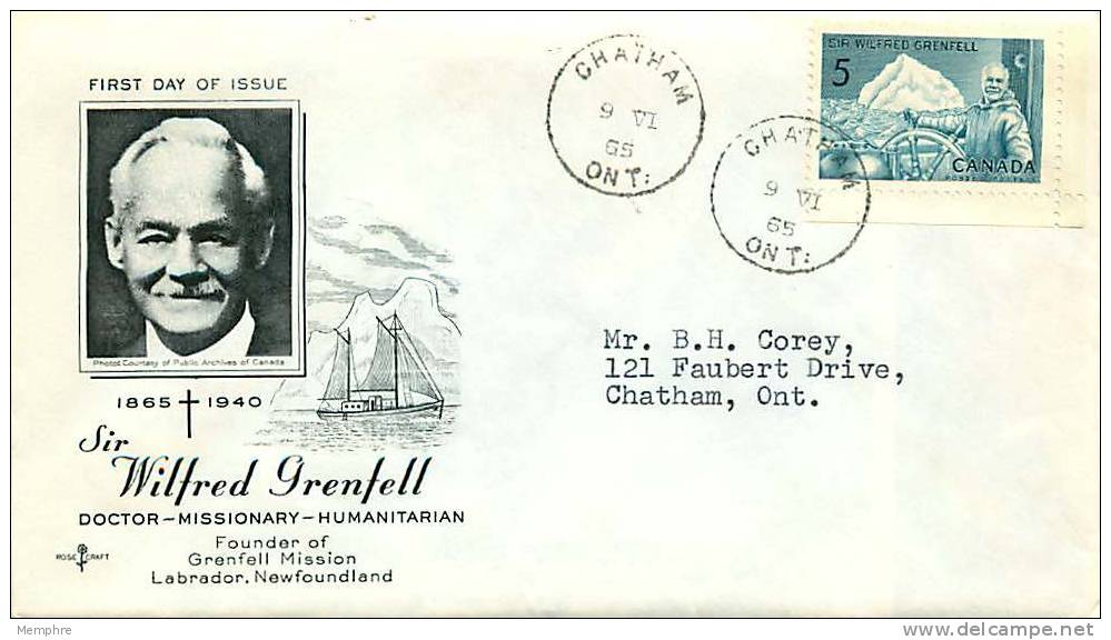 1965  Sir Wilfred Grenfell  Sc 438  RoseCraft Cachet  Chatam ON Date Stamp Cancel - 1961-1970