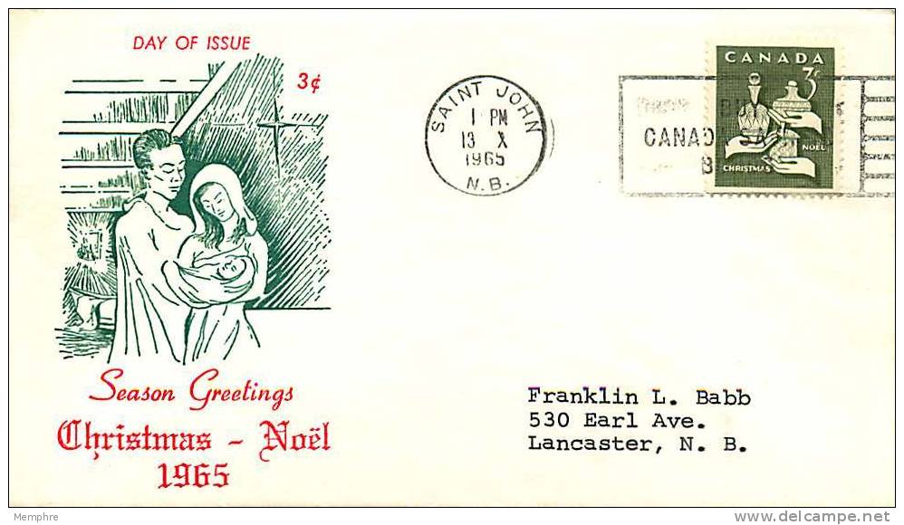 1965 Christmas Issue 3&cent; Sc 443  Unknown Cachet St John NB Mechanical Cancel - 1961-1970