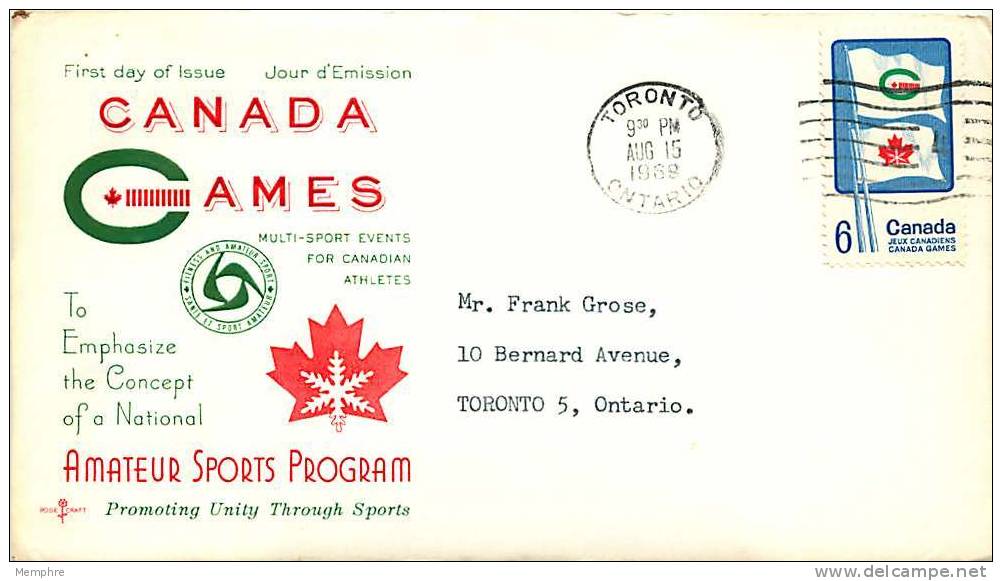 1968  Canada Games  Sc 500  RoseCraft Cachet Toronto ON Mechanical Cancel - 1961-1970