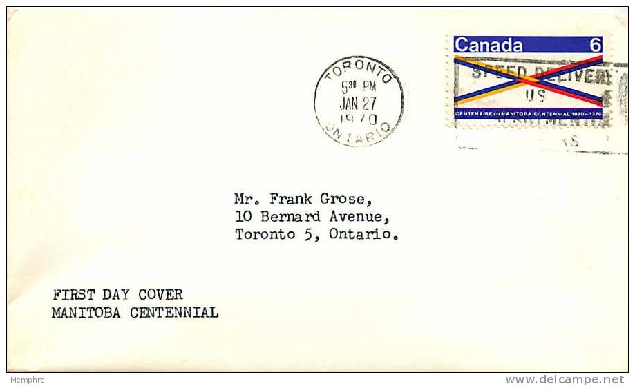 1970  Manitoba Centennial  Sc 505  Toronto Mechanical Cancel - 1961-1970